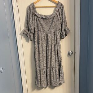 Chic Gray Floral Midi Dress with Ruffle Details